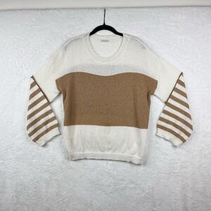 Vestique Sweater Womens Small White‎ Tan Lightweight Long Sleeve Striped Top EUC